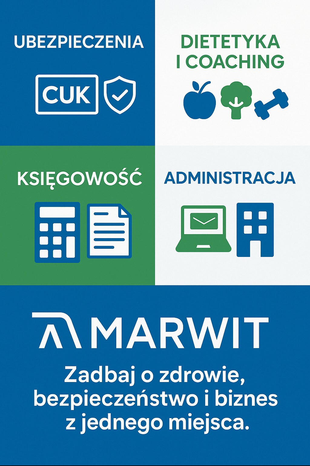 Grafika informacyjna: ubezpieczenia CUK, dietetyka i coaching, księgowość, administracja, logo Marwit i slogan: Zadbaj o zdrowie, bezpieczeństwo i biznes z jednego miejsca.