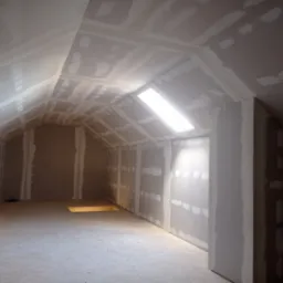 Poddasze w trakcie wykańczania płytami gipsowo-kartonowymi. Widoczne łączenia płyt przygotowane do szpachlowania. Oświetlenie w suficie.