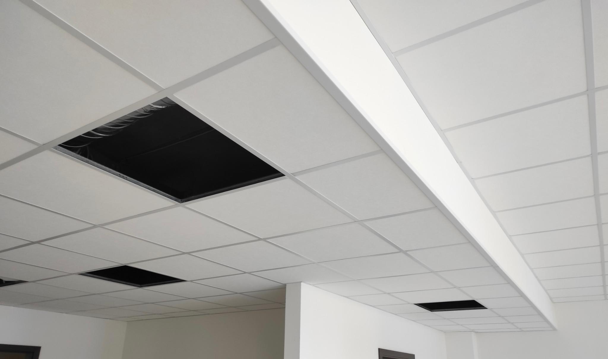 Biały sufit kasetonowy z widocznymi otworami instalacyjnymi; widok z dołu, oświetlenie równomierne, fragment ściany w tle.