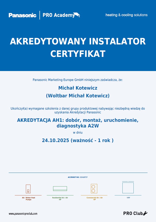 Certyfikat autoryzowanego partnera serwisowego Panasonic