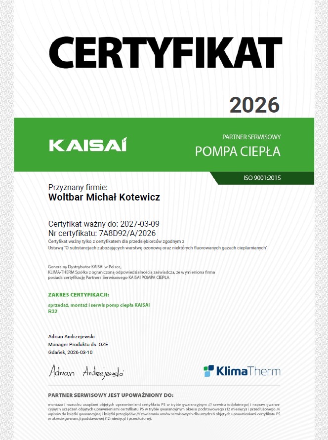Certyfikat autoryzowanego partnera serwisowego Kaisai