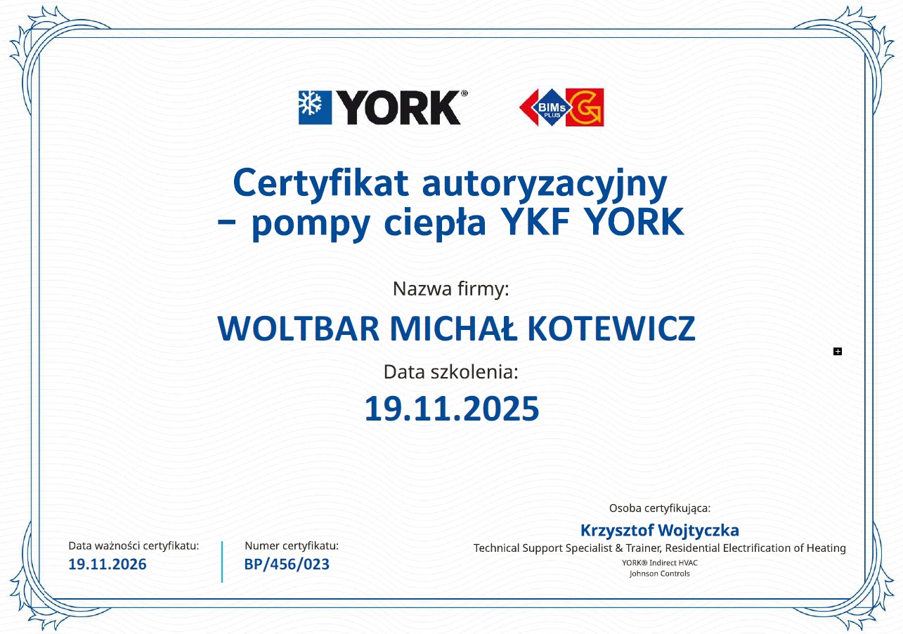 Certyfikat autoryzowanego partnera serwisowego York