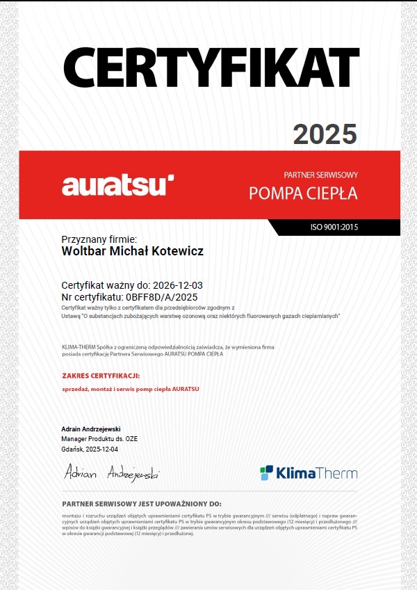 Certyfikat autoryzowanego partnera serwisowego Auratsu