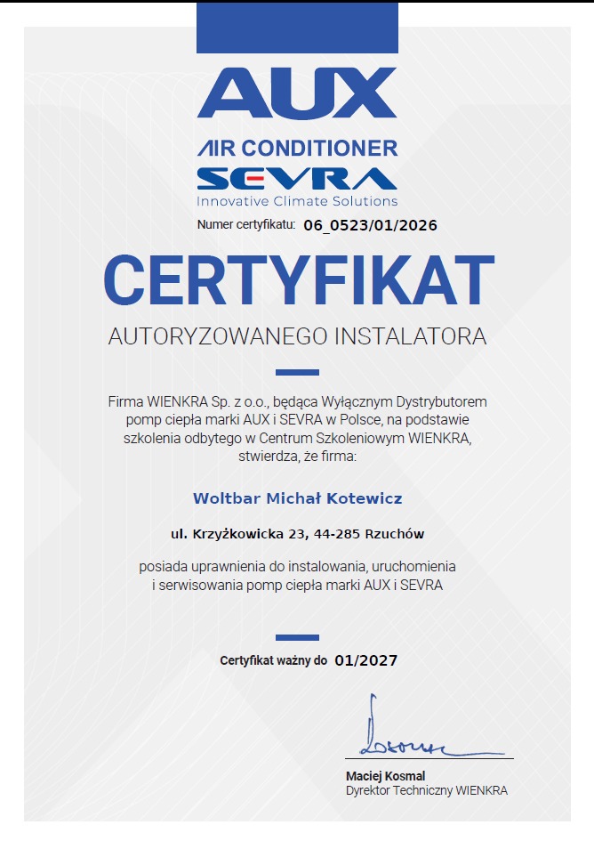 Certyfikat autoryzowanego partnera serwisowego AUX oraz Sevra