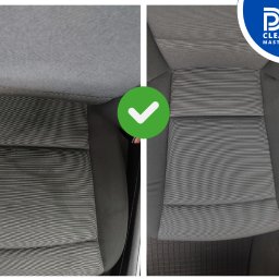 DP CleanMasters - Tapicerka samochodowa przed i po czyszczeniu z zielonym symbolem akceptacji. Widoczna różnica w odcieniach szarości, podkreślająca skuteczność zabiegu.