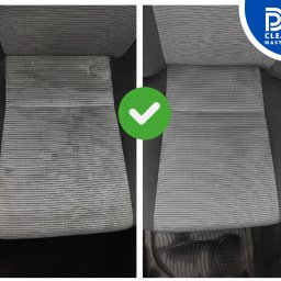 DP CleanMasters - Efekt prania: Fotel samochodowy z tapicerką w paski, po lewej stronie widoczne zabrudzenia, po prawej czysta tapicerka. Zielony znacznik potwierdza efekt.