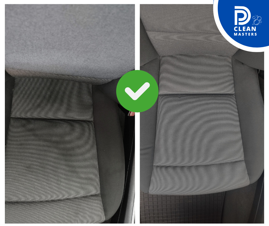 Tapicerka samochodowa przed i po czyszczeniu z zielonym symbolem akceptacji. Widoczna różnica w odcieniach szarości, podkreślająca skuteczność zabiegu.