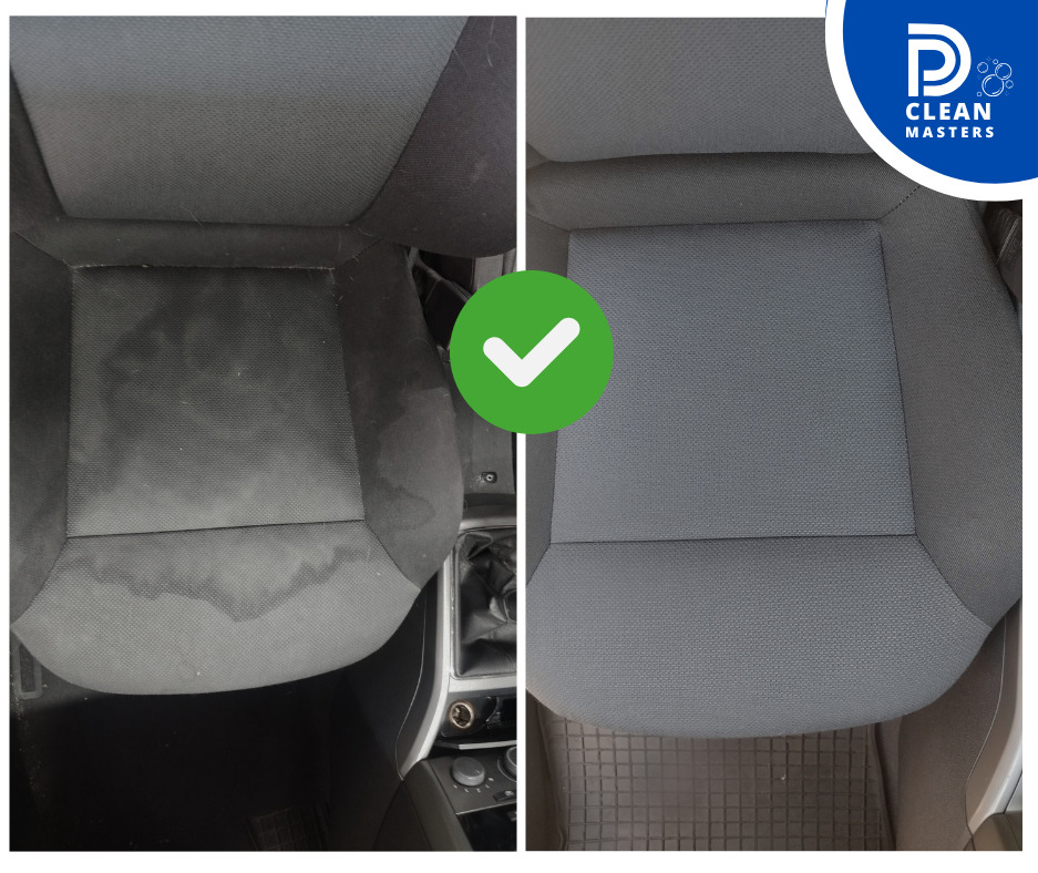 Tapicerka samochodowa: fotel przed i po czyszczeniu. Po lewej stronie widoczne plamy, po prawej czysta, szara tkanina. Znak akceptacji na środku kadru.