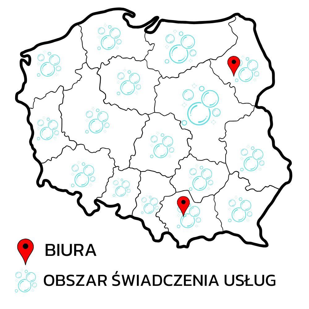 Mapa Polski z zaznaczonym obszarem świadczenia usług prania i lokalizacją biur, ikony piany symbolizują zasięg działania firmy.