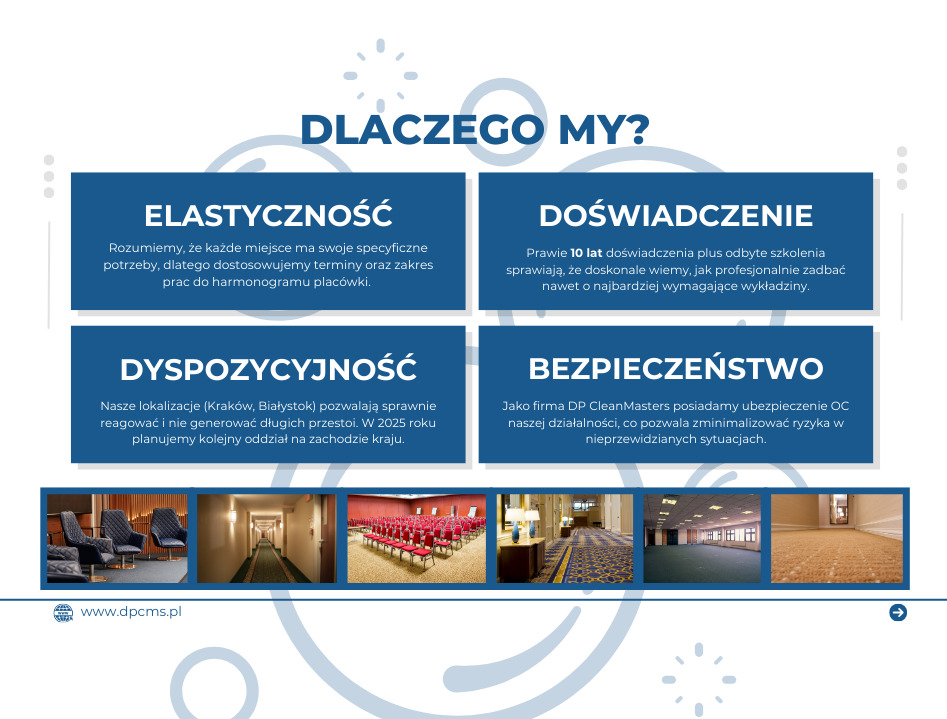 Infografika DP CleanMasters: elastyczność, doświadczenie, dyspozycyjność, bezpieczeństwo. Zdjęcia realizacji: sale konferencyjne i korytarze z dywanami.