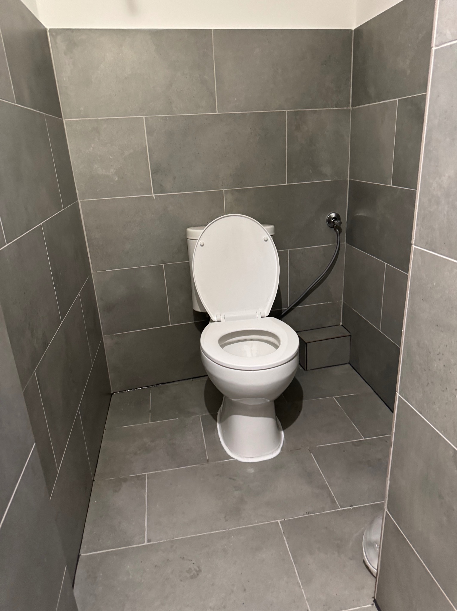 Biała toaleta w szarej łazience wykończonej płytkami imitującymi kamień, z widoczną instalacją wodną i niskim stopniem. Minimalistyczny design.