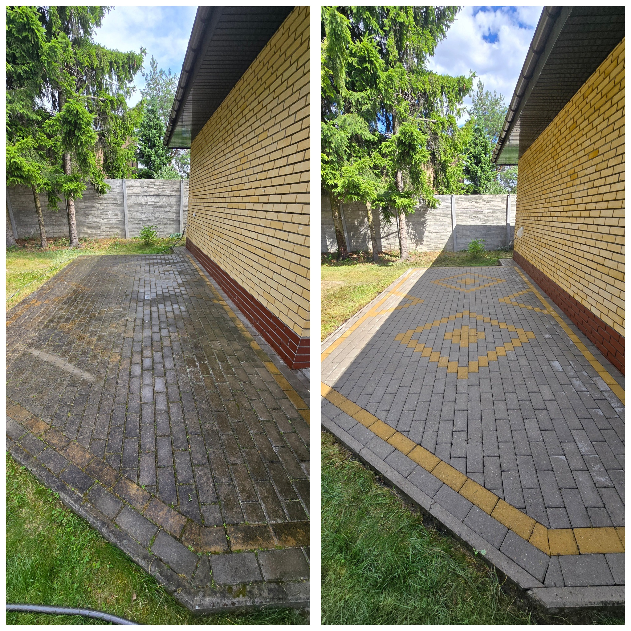 Efekt przed i po czyszczenia kostki brukowej z żółtymi akcentami. Po lewej stronie widać zabrudzoną kostkę, po prawej czystą, szarą kostkę. Budynek w tle.