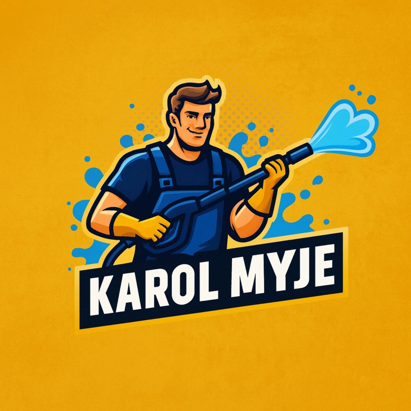 Ilustracja: mężczyzna w kombinezonie roboczym myje pod ciśnieniem. Logo firmy 'Karol Myje' na żółtym tle z niebieskimi akcentami.