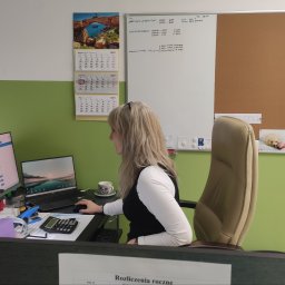 Biuro rachunkowe Ewa&Ewa - Kobieta przy biurku w biurze, pracuje na laptopie. Widoczne kalendarze, notatki na tablicy, dwa monitory. Biuro z zielonymi ścianami.