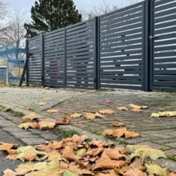 Nowoczesne ogrodzenie panelowe w kolorze grafitowym z poziomymi szczeblami, jesienne liście na brukowanym chodniku. Widok z dołu, pochmurne niebo.