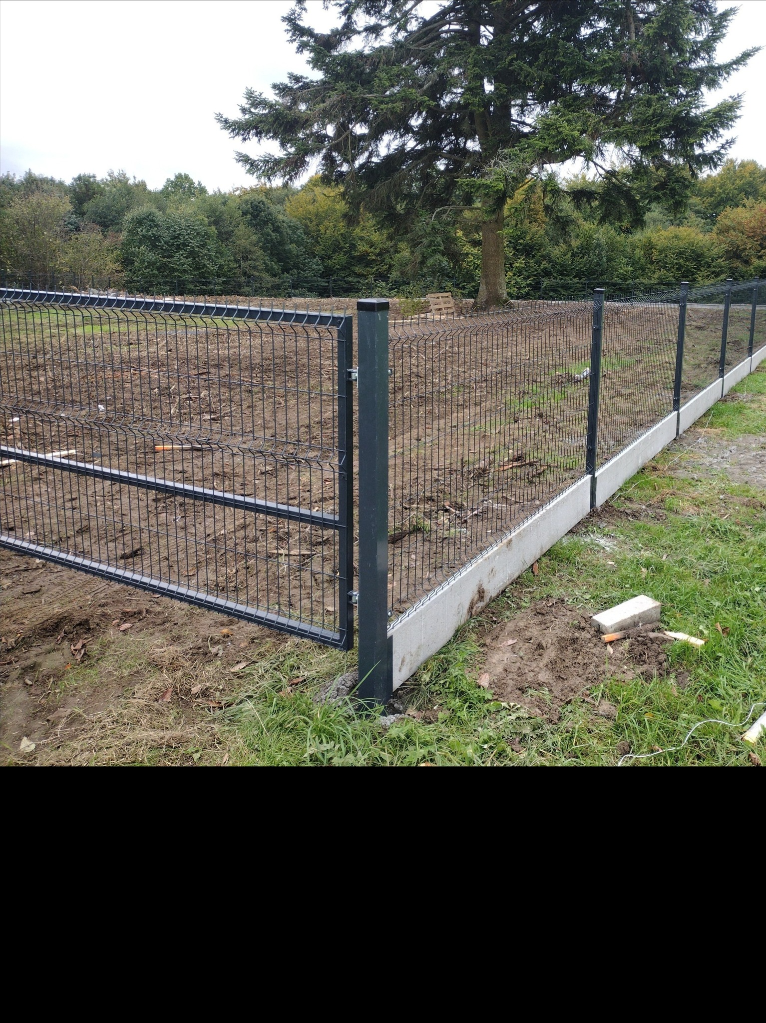 Zakończony montaż ogrodzenia panelowego na betonowej podmurówce, widok na furtkę z ciemnoszarej siatki na tle drzew i trawy. Wokół ziemia.