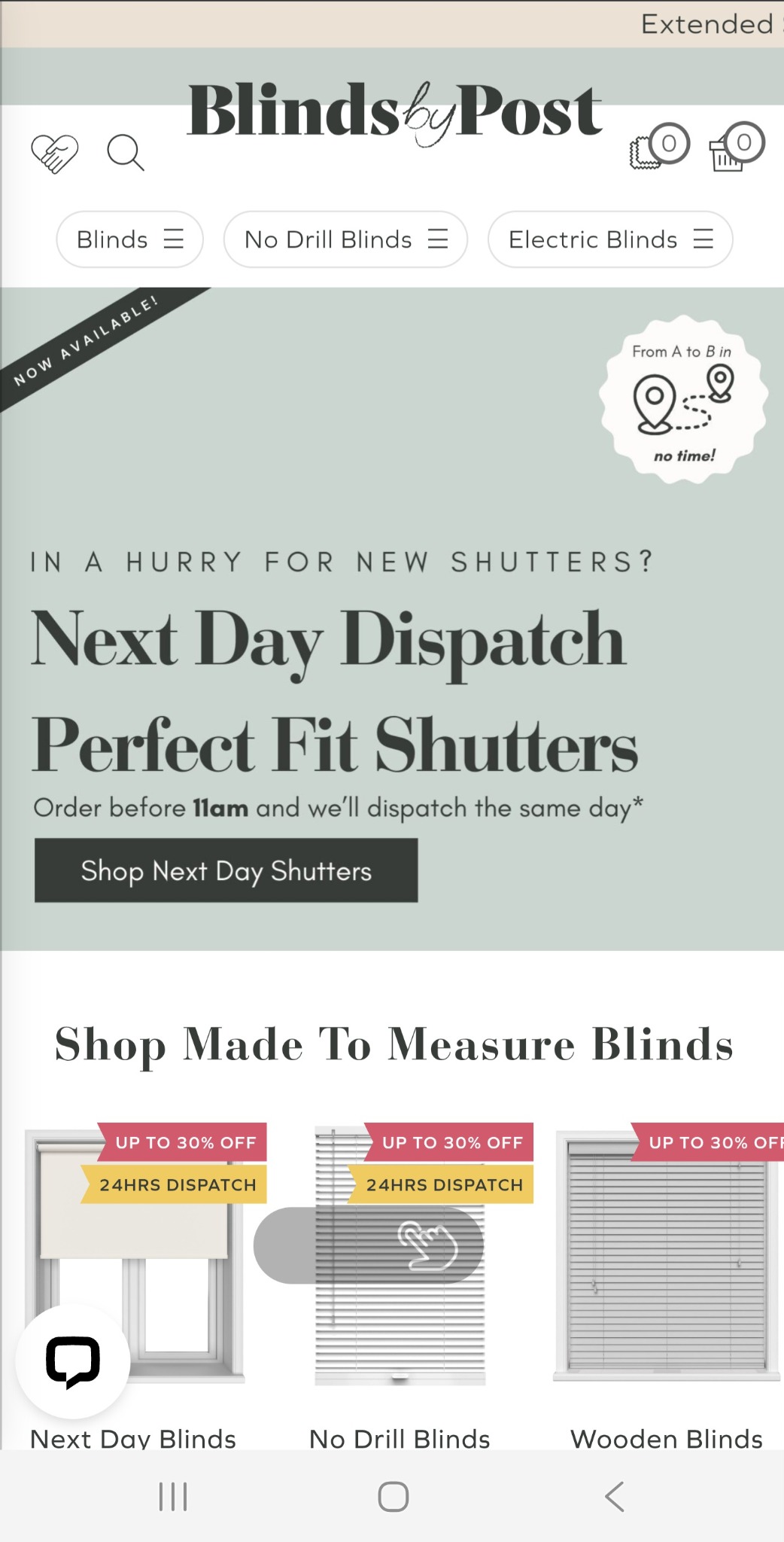 Reklama sklepu internetowego z roletami: 'Next Day Dispatch', 'Perfect Fit Shutters', 'Shop Made To Measure Blinds', 'Up to 30% OFF', '24HRS DISPATCH'.