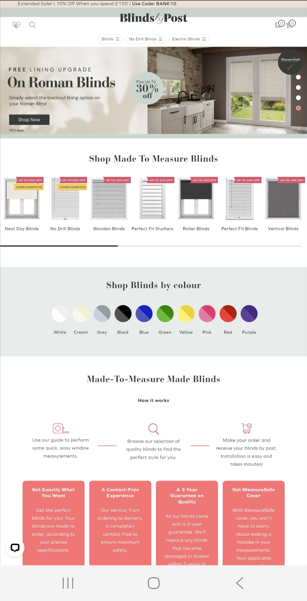 Strona internetowa z ofertą rolet i żaluzji na wymiar, z opcjami kolorystycznymi i informacjami o gwarancji, prezentująca przykładowe modele i korzyści dla klienta.