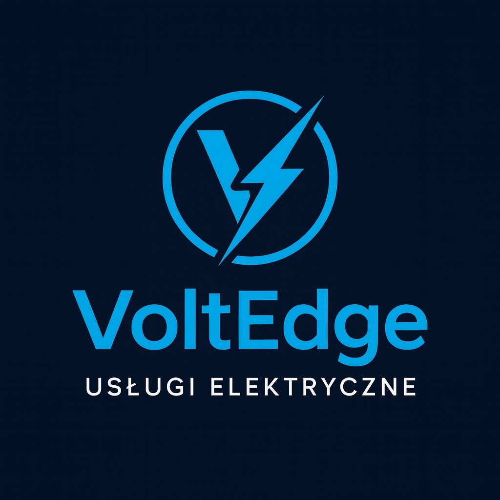Logo firmy VoltEdge z niebieskim symbolem błyskawicy w okręgu i napisem 'Usługi Elektryczne' na ciemnoniebieskim tle. Minimalistyczny design.