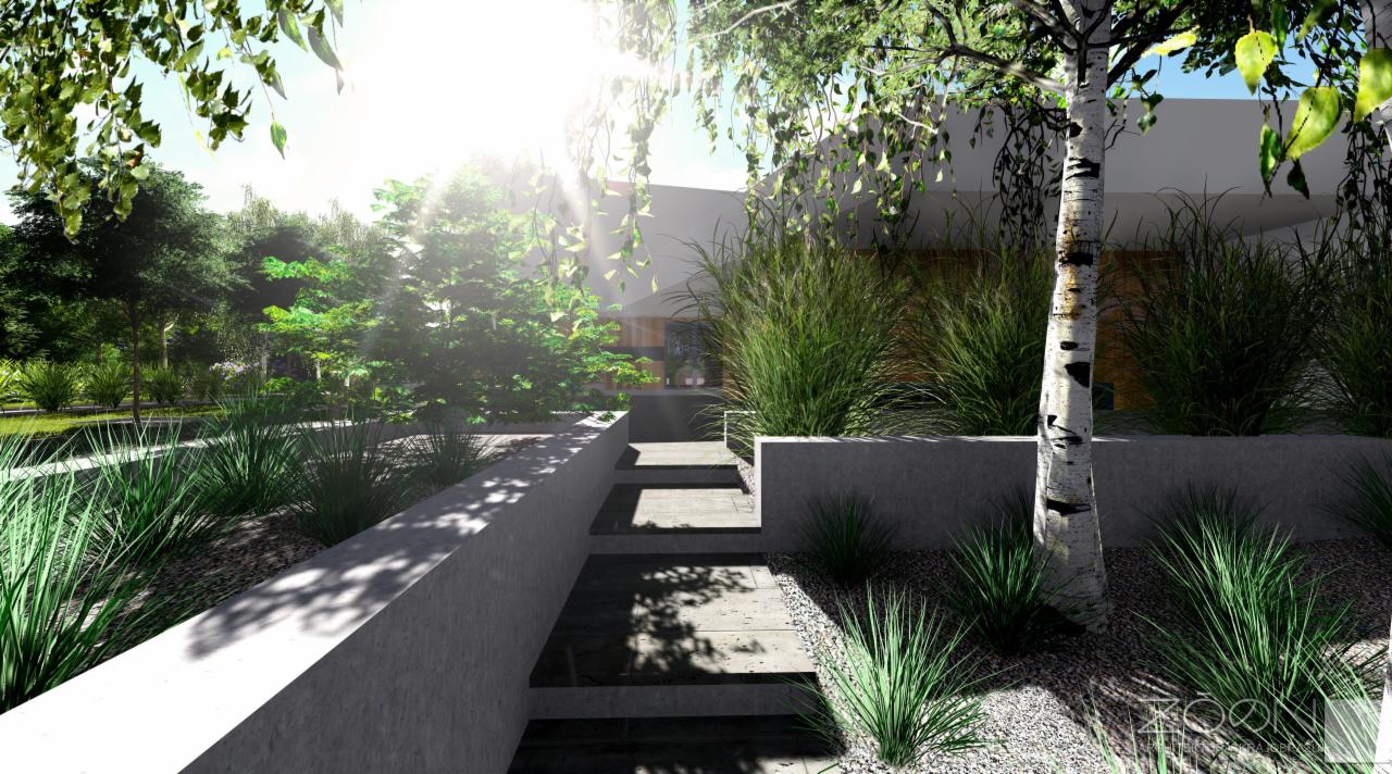 Wizualizacja ogrodu z podwyższonymi rabatami, schodami z kamienia i strzelistą brzozą. Nowoczesny design z trawami ozdobnymi i zielenią w promieniach słońca.