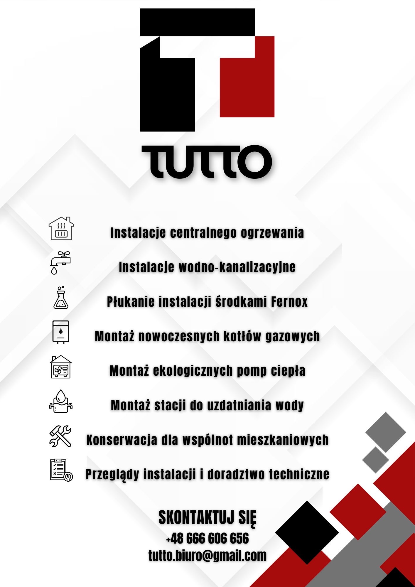 Grafika reklamowa firmy Tutto z ofertą instalacji CO, wod-kan, montażu kotłów gazowych i pomp ciepła, konserwacji, przeglądów i doradztwa technicznego. Kontakt: +48 666 606 656.