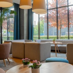 Studio Salach - Jasne, przestronne wnętrze poczekalni z wygodnymi fotelami, sofami i stolikami kawowymi. Duże okna z widokiem na drzewa o czerwonych liściach w otoczeniu budynków.