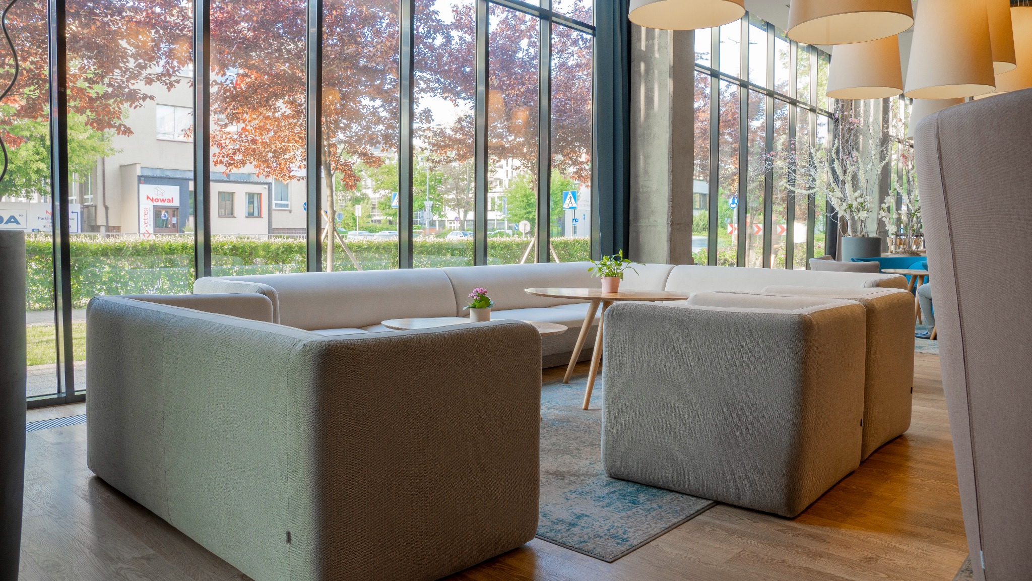 Nowoczesne wnętrze kawiarni z dużymi oknami i wygodnymi sofami. Widok na zewnątrz z drzewami o czerwonych liściach. Lampy wiszące dodają ciepła. Stonowana kolorystyka.