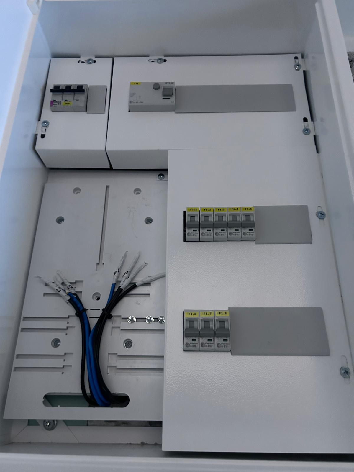 Wnętrze białej skrzynki rozdzielczej z zamontowanymi bezpiecznikami i podłączonymi przewodami elektrycznymi, widok z góry, detale instalacji.