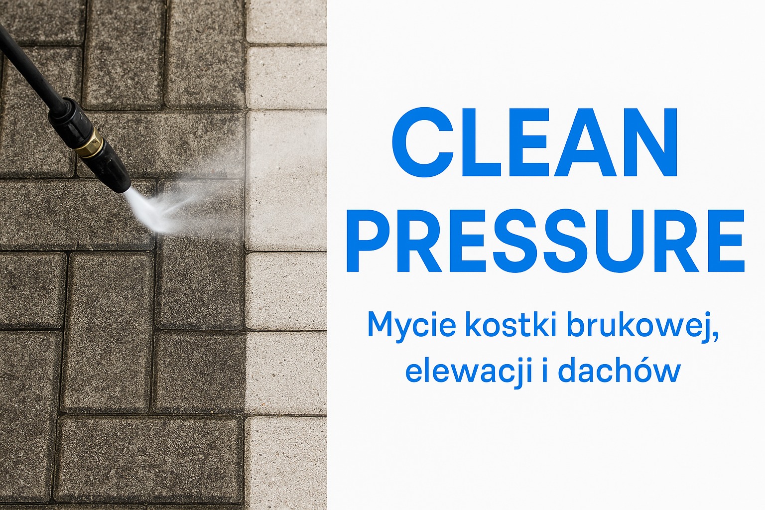 Dysza ciśnieniowa czyści kostkę brukową, ukazując różnicę między brudną a czystą powierzchnią. Część kadru zajmuje napis reklamowy.