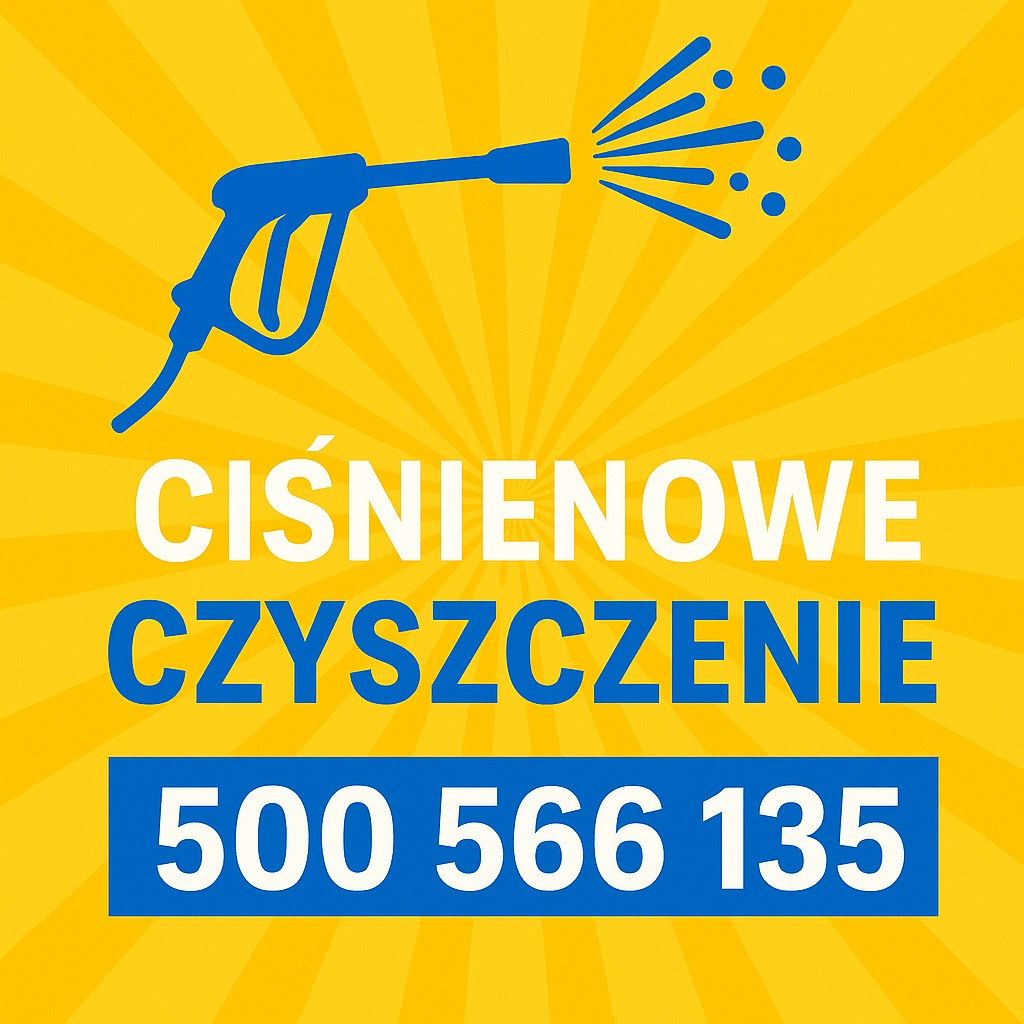 Grafika: niebieska ikona myjki ciśnieniowej, napis 'CIŚNIENIOWE CZYSZCZENIE' i numer telefonu na żółtym tle z promienistym wzorem. Reklama usług.