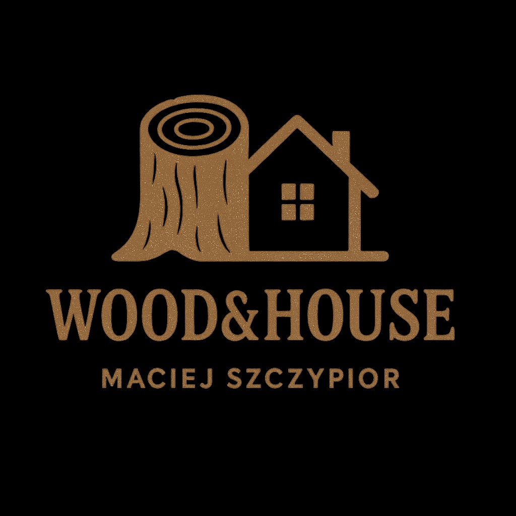 Logo firmy Wood&House Maciej Szczypior: stylizowany pień drzewa i dom w kolorze złota na czarnym tle.
