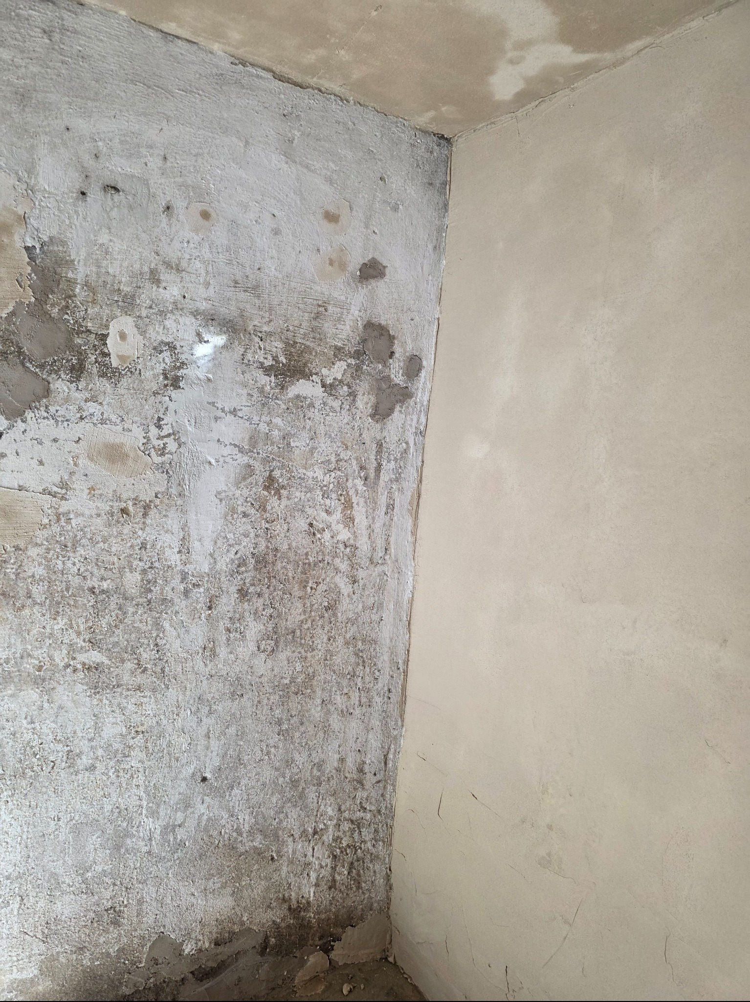 Ściana w rogu pokoju, w połowie otynkowana na gładko, druga połowa z widocznymi śladami starej farby i ubytkami tynku. Widoczny sufit.