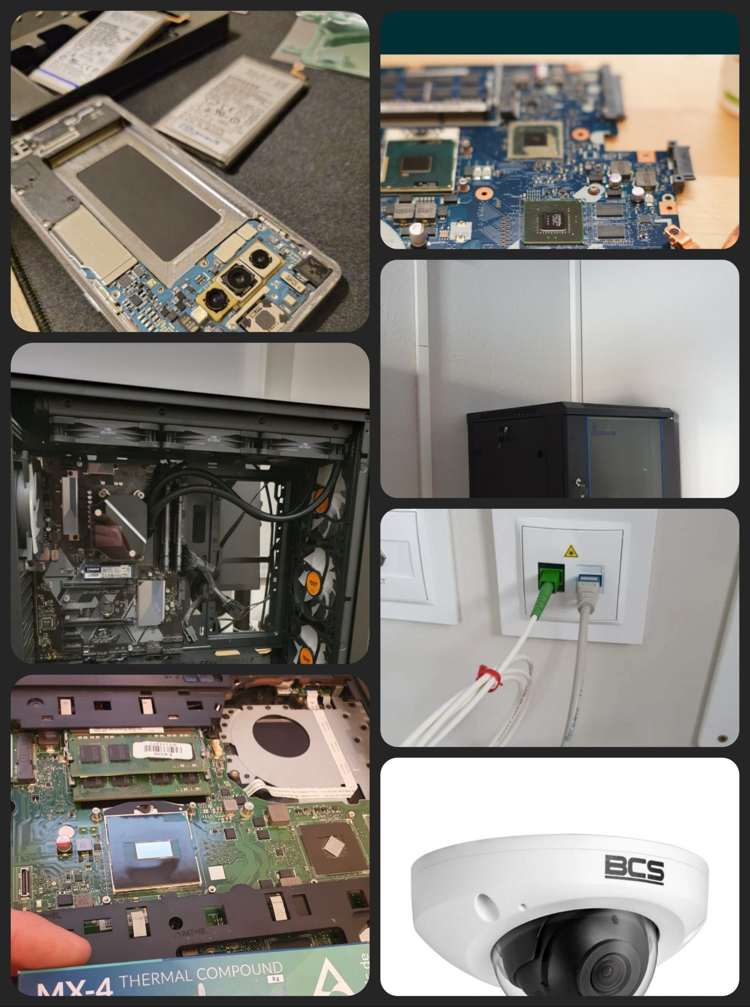 Zestawienie zdjęć: wnętrze smartfona, płyta główna laptopa, serwerownia, komputer stacjonarny, kamera BCS, kable światłowodowe i ethernetowe w gniazdach.