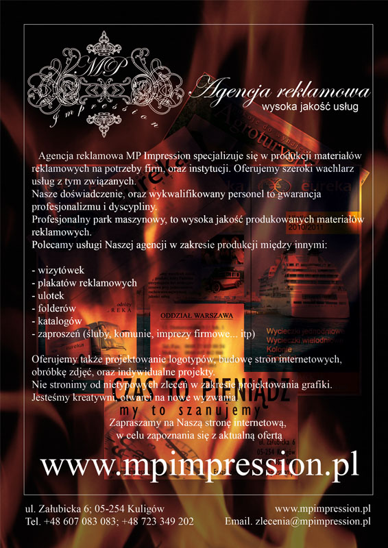 Reklama agencji MP Impression na tle płomieni, oferująca produkcję materiałów reklamowych, wizytówek, plakatów, ulotek, folderów, katalogów, zaproszeń oraz projektowanie logotypów i stron...