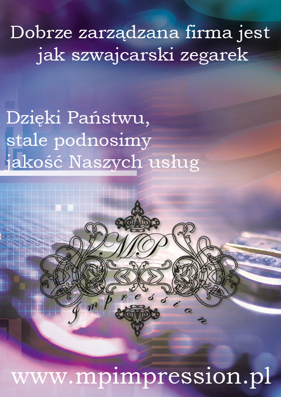 Abstrakcyjna grafika z logo firmy MP Impression na tle z cyfrowymi elementami i hasłem o jakości usług.