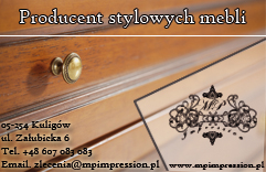 Projekt wizytówki z danymi kontaktowymi producenta stylowych mebli, adres, numer telefonu i adres e-mail na jasnym tle z elementami dekoracyjnymi.