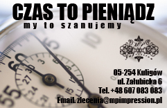 Projekt wizytówki z motywem zegara i hasłem 'Czas to pieniądz', adres i dane kontaktowe drukarni w prawym dolnym rogu.
