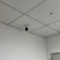 Biała kamera monitoringu kopułkowa zamontowana na suficie kasetonowym w jasnym pomieszczeniu, widoczny fragment drzwi po prawej.
