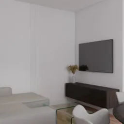 Minimalistyczny salon: szary narożnik, szklany stolik, ciemna szafka RTV, suszone kwiaty w wazonie, panel ścienny z pionowymi frezami i czarny kinkiet.