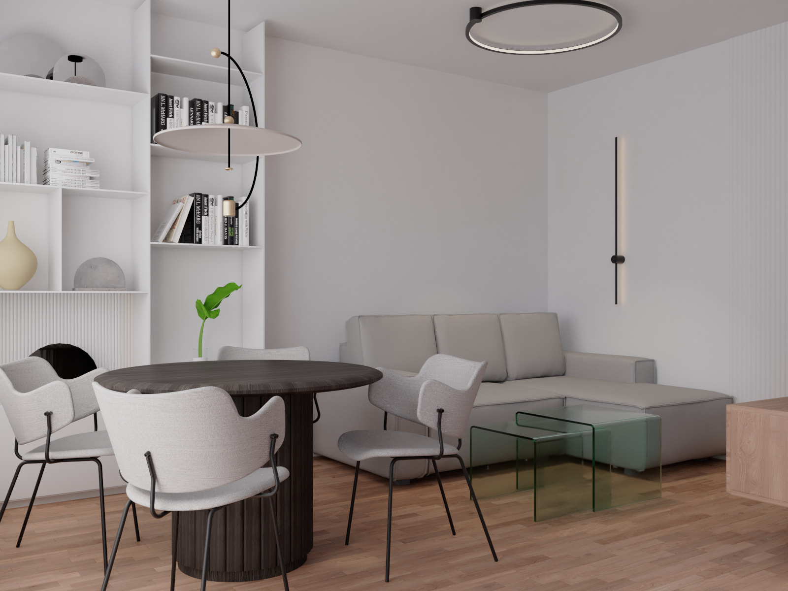 Jasne wnętrze: okrągły stół z krzesłami, sofa, szklane stoliki, regał z książkami i dekoracjami, oświetlenie sufitowe i ścienne. Minimalistyczny design.