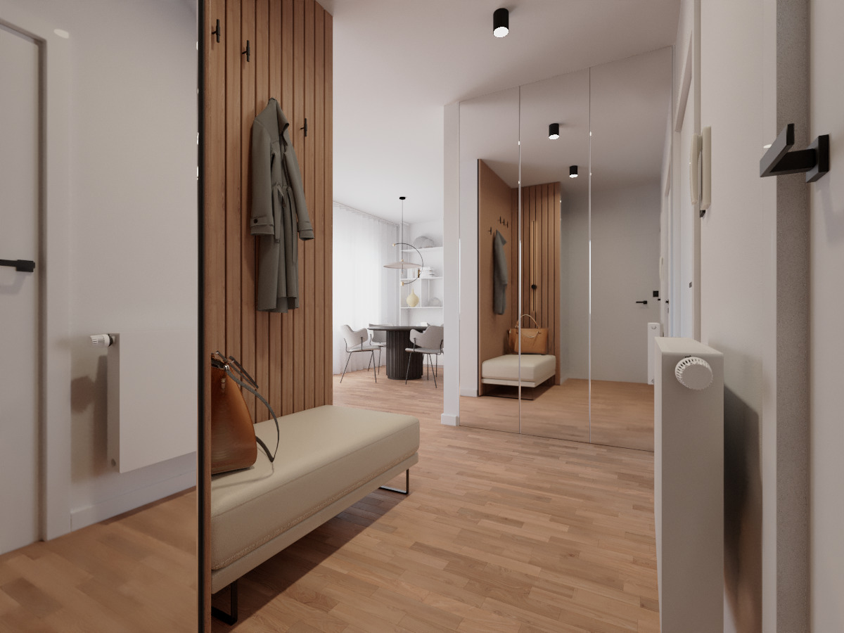 Nowoczesny przedpokój z lustrami, drewnianą ścianą z wieszakami, beżową ławką i widoczną jadalnią w tle. Minimalistyczne oświetlenie sufitowe.