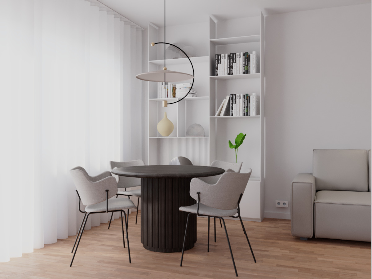 Stylowa jadalnia z okrągłym, ciemnym stołem otoczonym jasnymi krzesłami na tle białego regału i zasłon. Minimalistyczny design, ciepłe drewno, nowoczesne oświetlenie.