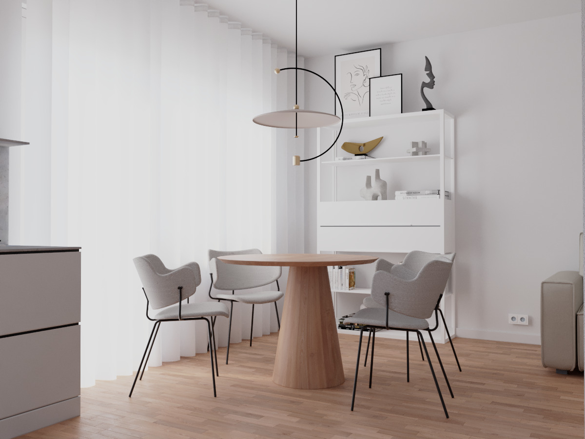 Jasna jadalnia z okrągłym stołem na drewnianej nodze i krzesłami w stylu skandynawskim. W tle biały regał z dekoracjami i zasłony.