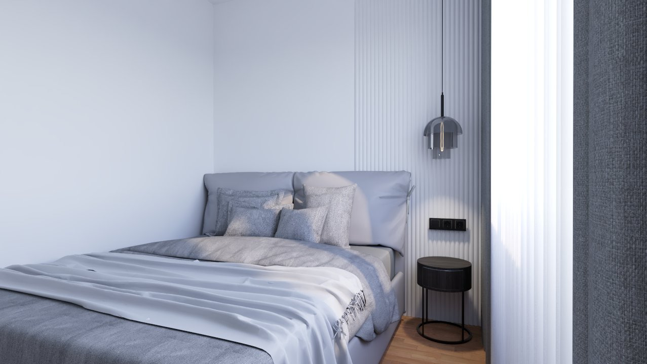 Nowoczesna sypialnia w odcieniach szarości: łóżko z miękkim zagłówkiem, minimalistyczna lampka nocna i dekoracyjna ściana z pionowymi panelami.