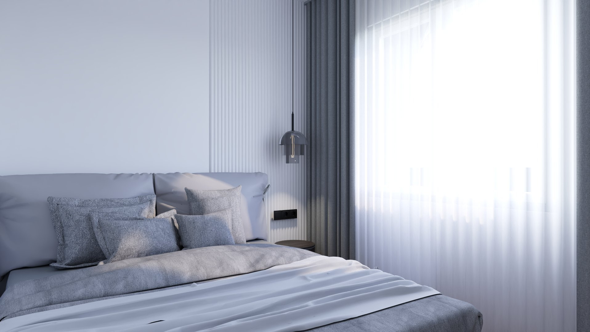 Nowoczesna sypialnia w odcieniach szarości z dekoracyjną ścianą, wiszącą lampą i zwiewnymi zasłonami przy oknie. Minimalistyczny design i stonowana kolorystyka.