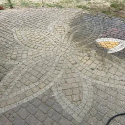 Czyszczona kostka brukowa z wzorem kwiatowym. Część kostki jest mokra, ukazując efekt czyszczenia. Widoczny wąż i fragment samochodu.