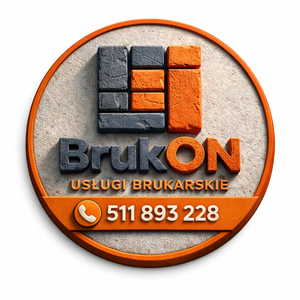 Logo firmy brukarskiej BrukON z numerem telefonu 511 893 228, prezentujące ułożone kostki w odcieniach szarości i pomarańczy na okrągłym, teksturowanym tle.