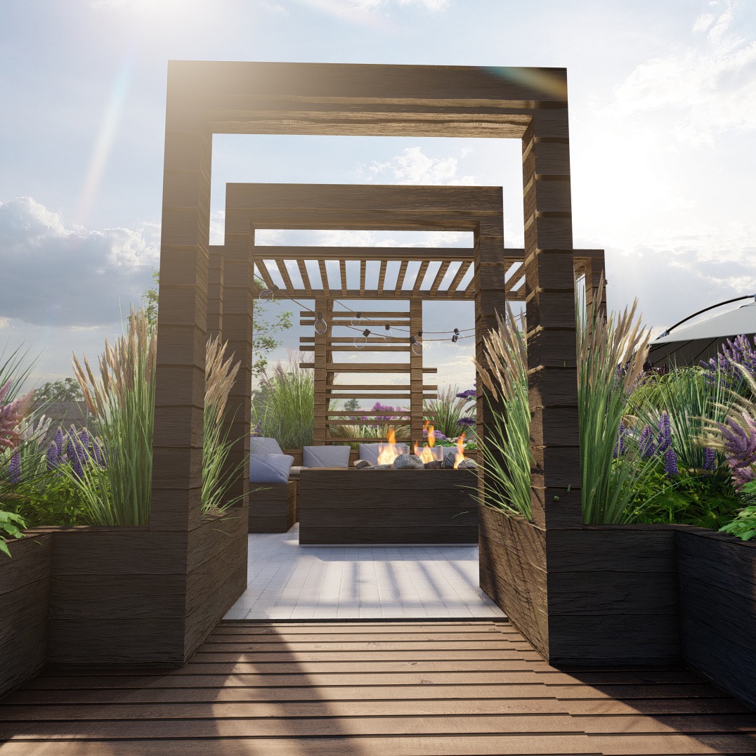 Nowoczesna aranżacja tarasu z drewnianą pergolą, paleniskiem i roślinami w donicach. Widok z perspektywy niskiego kąta, podkreślający głębię przestrzeni.