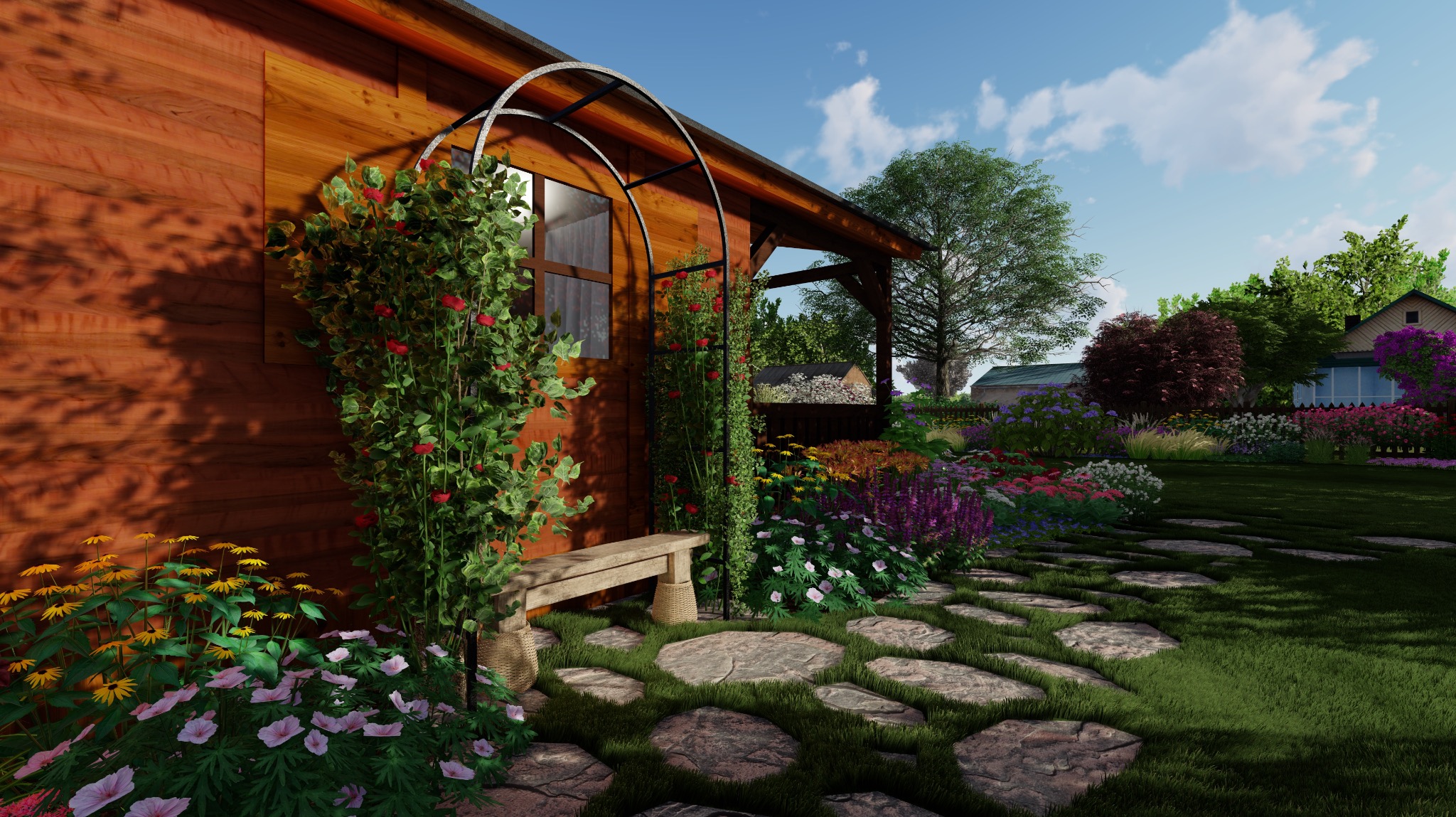Aranżacja ogrodu przy drewnianym domu z łukiem, po którym pną się rośliny. Kamienna ścieżka prowadzi przez trawnik, a w tle widać bogato ukwiecone rabaty.