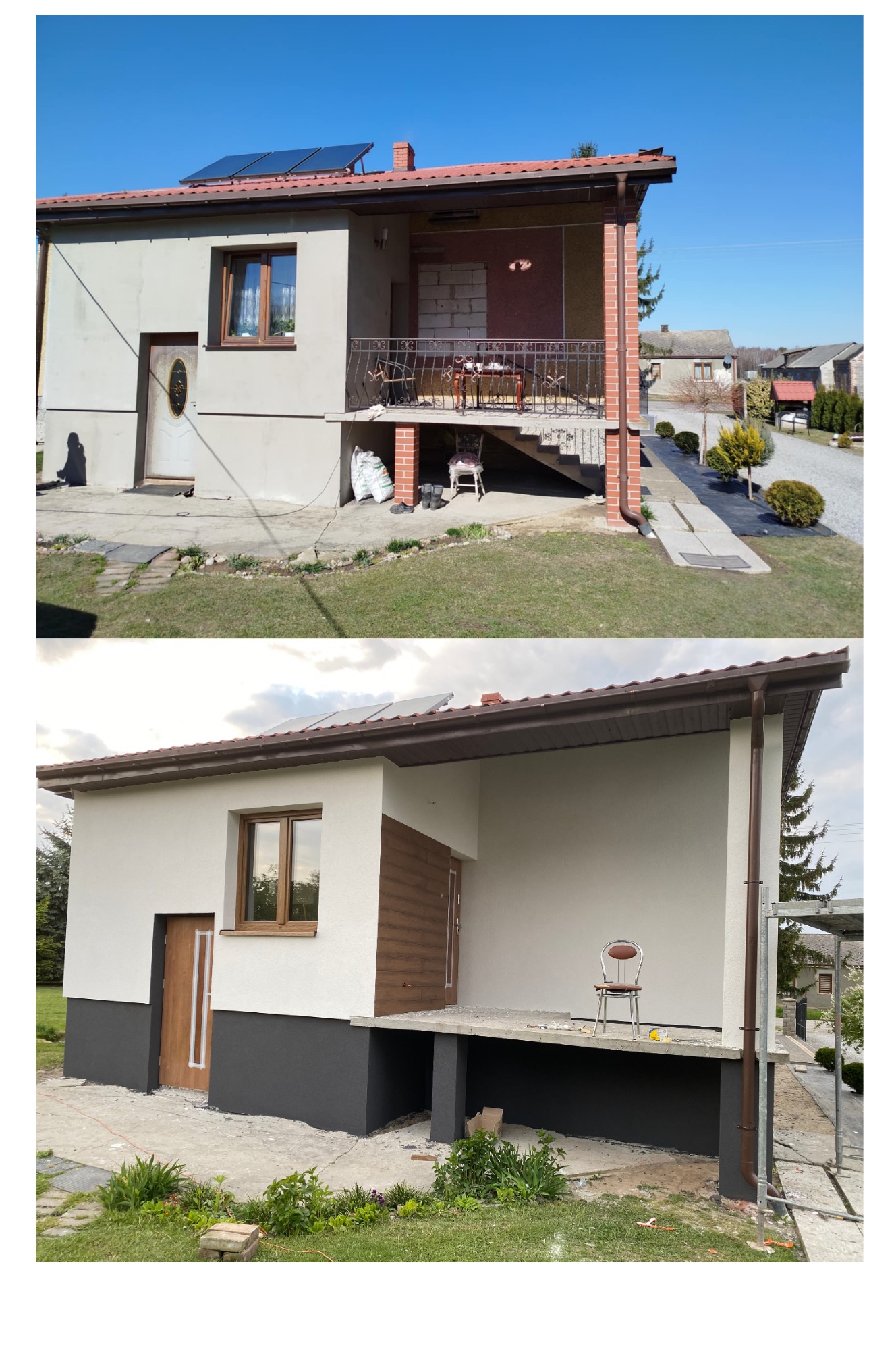 Zdjęcie typu 'przed i po' prezentujące odnowioną elewację domu. Górna część ukazuje stan przed, a dolna po remoncie z nowym kolorem i wykończeniem.